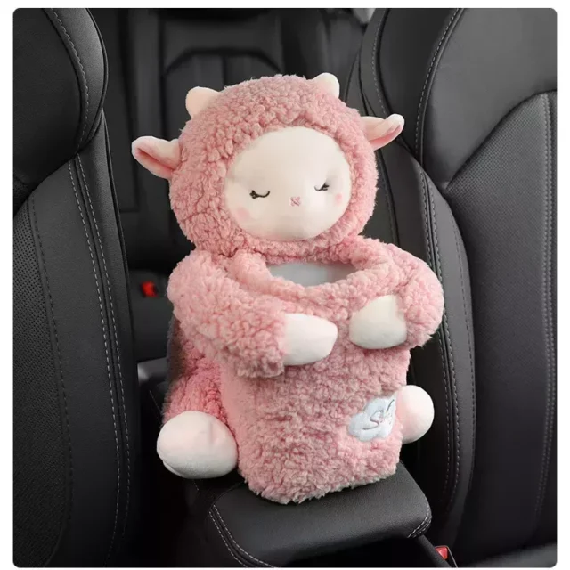 Universal Plush Car Organizer with Integrated Tissue Box and Trash Bin