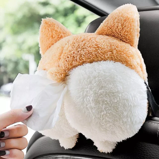 Charming Corgi Bottom Car Tissue Box – Soft Plush Armrest Napkin Holder